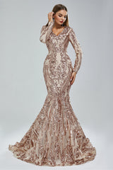 Mermaid V-neck Lace Sequined Floor-length Long Sleeve Elegant Prom Dress-Ballbella