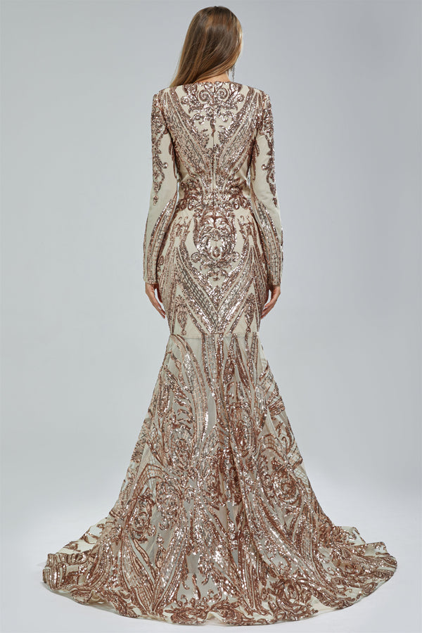 Mermaid V-neck Lace Sequined Floor-length Long Sleeve Elegant Prom Dress-Ballbella