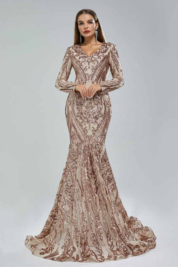 Mermaid V-neck Lace Sequined Floor-length Long Sleeve Elegant Prom Dress-Ballbella