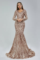 Mermaid V-neck Lace Sequined Floor-length Long Sleeve Elegant Prom Dress-Ballbella
