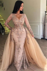 Mermaid V-neck Long Sleeve Floor Length Tulle Embriodery Prom Dress-Ballbella