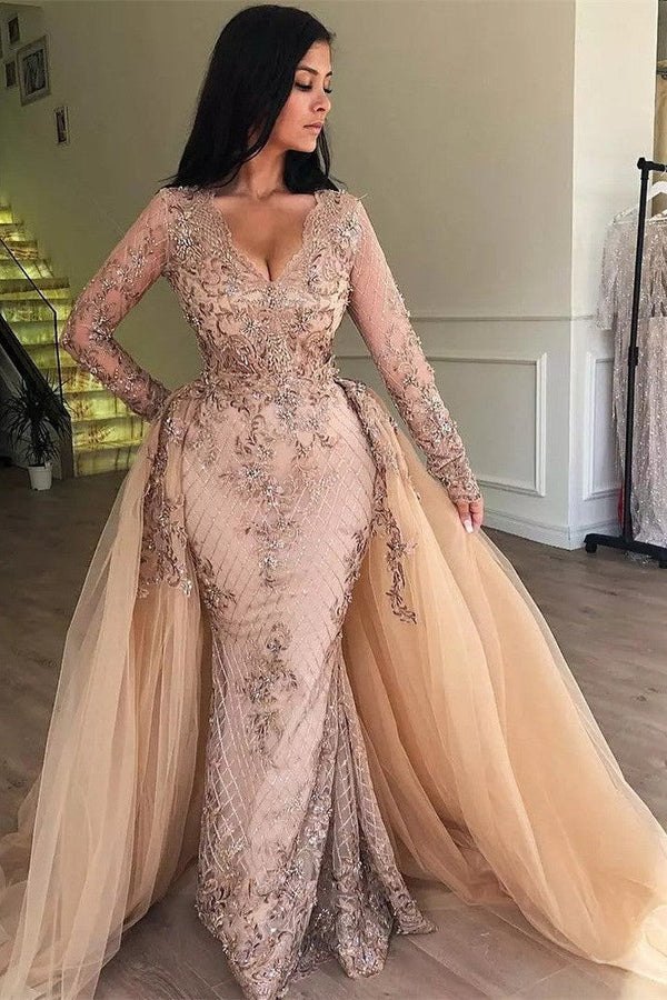 Mermaid V-neck Long Sleeve Floor Length Tulle Embriodery Prom Dress-Ballbella