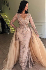 Mermaid V-neck Long Sleeve Floor Length Tulle Embriodery Prom Dress-Ballbella