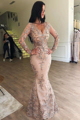Mermaid V-neck Long Sleeve Floor Length Tulle Embriodery Prom Dress-Ballbella