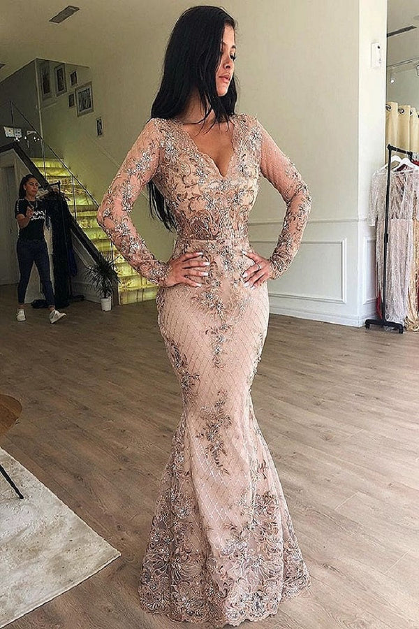 Mermaid V-neck Long Sleeve Floor Length Tulle Embriodery Prom Dress-Ballbella