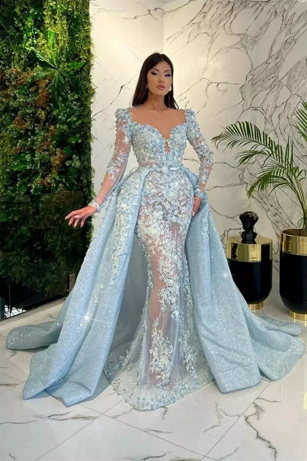 Mermaid V-neck Long Sleeve Lace Applique Floor-length detachable train Prom Dress-Ballbella