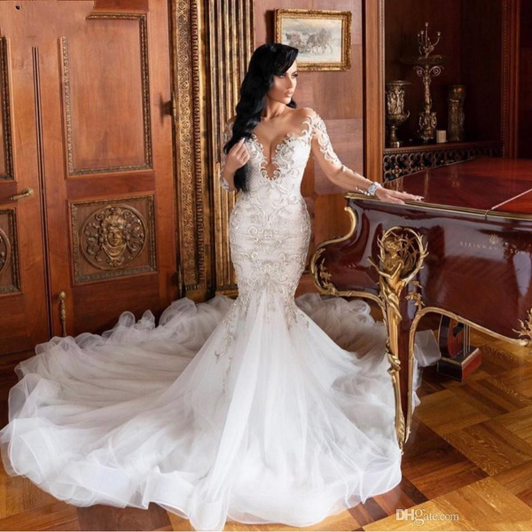 Mermaid V-neck Long Sleeves Floor Length Tulle Beading Applique Wedding Dress-Ballbella