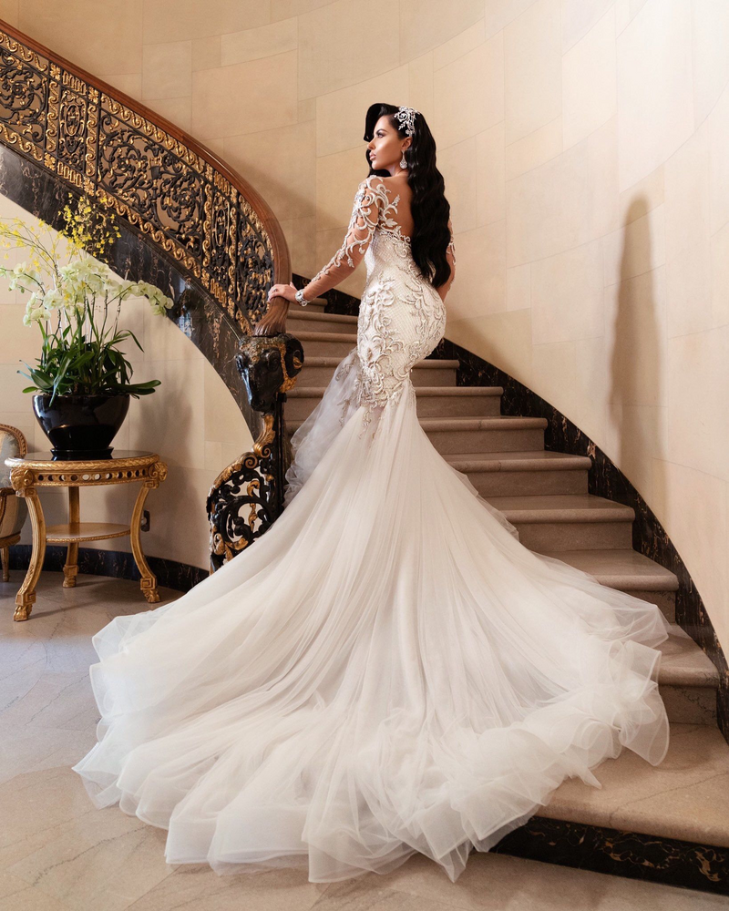 Mermaid V-neck Long Sleeves Floor Length Tulle Beading Applique Wedding Dress-Ballbella