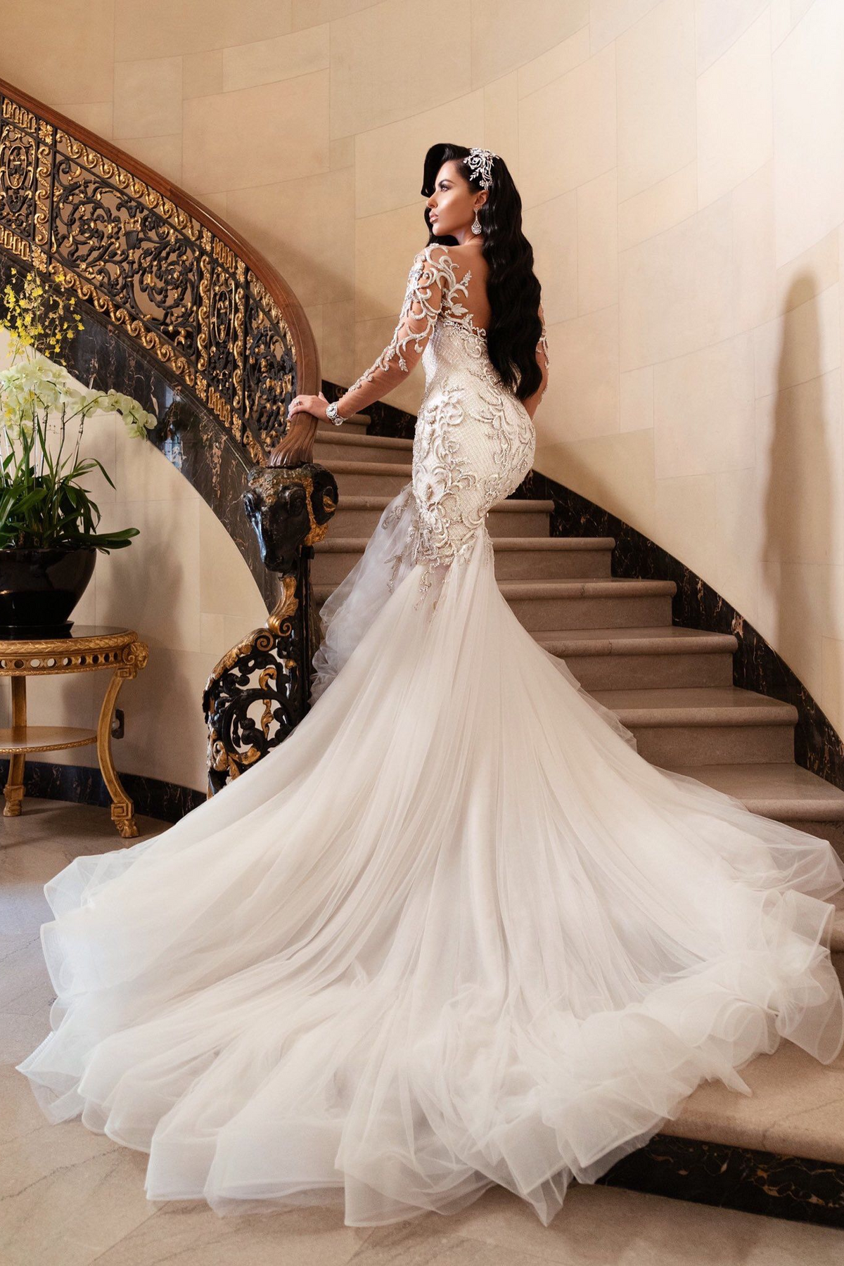hairstyle for mermaid wedding dress Mermaid V-neck Long Sleeves Floor Length Tulle Beading Applique Wedding Dress
