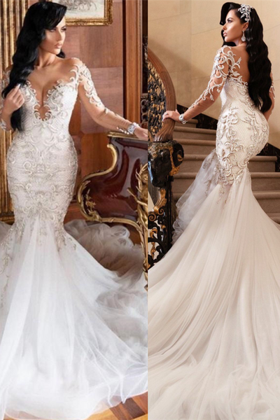 Mermaid V-neck Long Sleeves Floor Length Tulle Beading Applique Wedding Dress Mermaid V-neck Long Sleeves Floor Length Tulle Beading Applique Wedding Dress