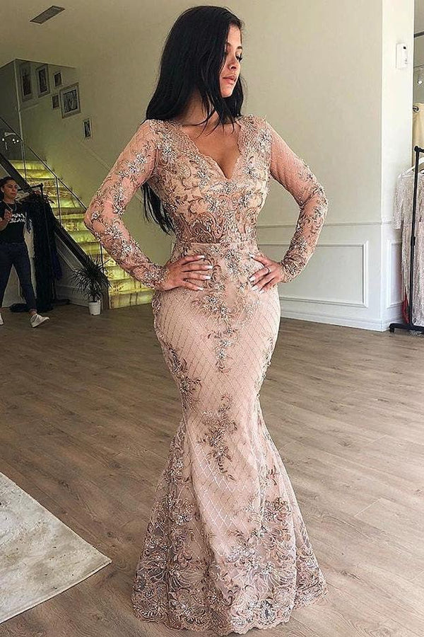Mermaid V-neck Long Sleevess Appliques Prom Dresses with Detachable Skirt-Ballbella