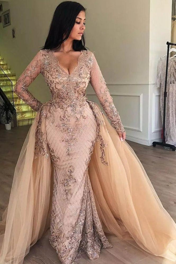 Mermaid V-neck Long Sleevess Appliques Prom Dresses with Detachable Skirt-Ballbella