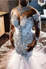 Mermaid V-neck Long Train Long Sleeves Tulle Beading Applique Wedding Dress-Ballbella