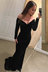Mermaid V-neck Off-the-shoulder Long Sleeves Floor Length Evening Dress-Ballbella