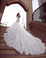 Mermaid V-neck Off-the-shoulder Long Train Organza Paillette Applique Wedding Dress-Ballbella