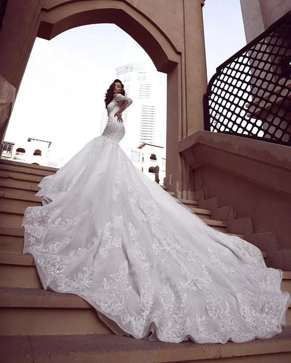 Mermaid V-neck Off-the-shoulder Long Train Organza Paillette Applique Wedding Dress-Ballbella
