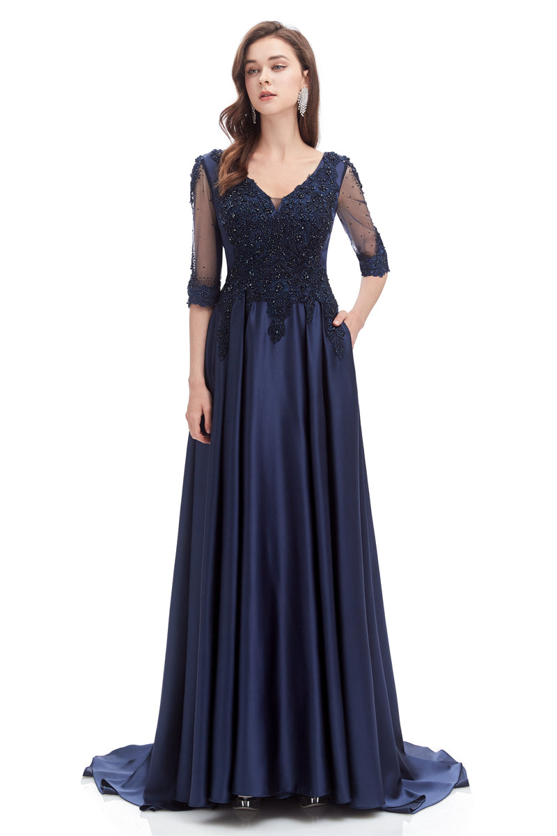 Mermaid V-neck Sequined Beaded Floor-length Half Sleeves Appliques Lace Prom Dress-Ballbella