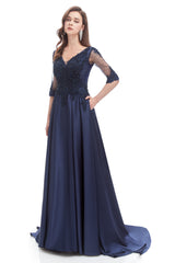 Mermaid V-neck Sequined Beaded Floor-length Half Sleeves Appliques Lace Prom Dress-Ballbella