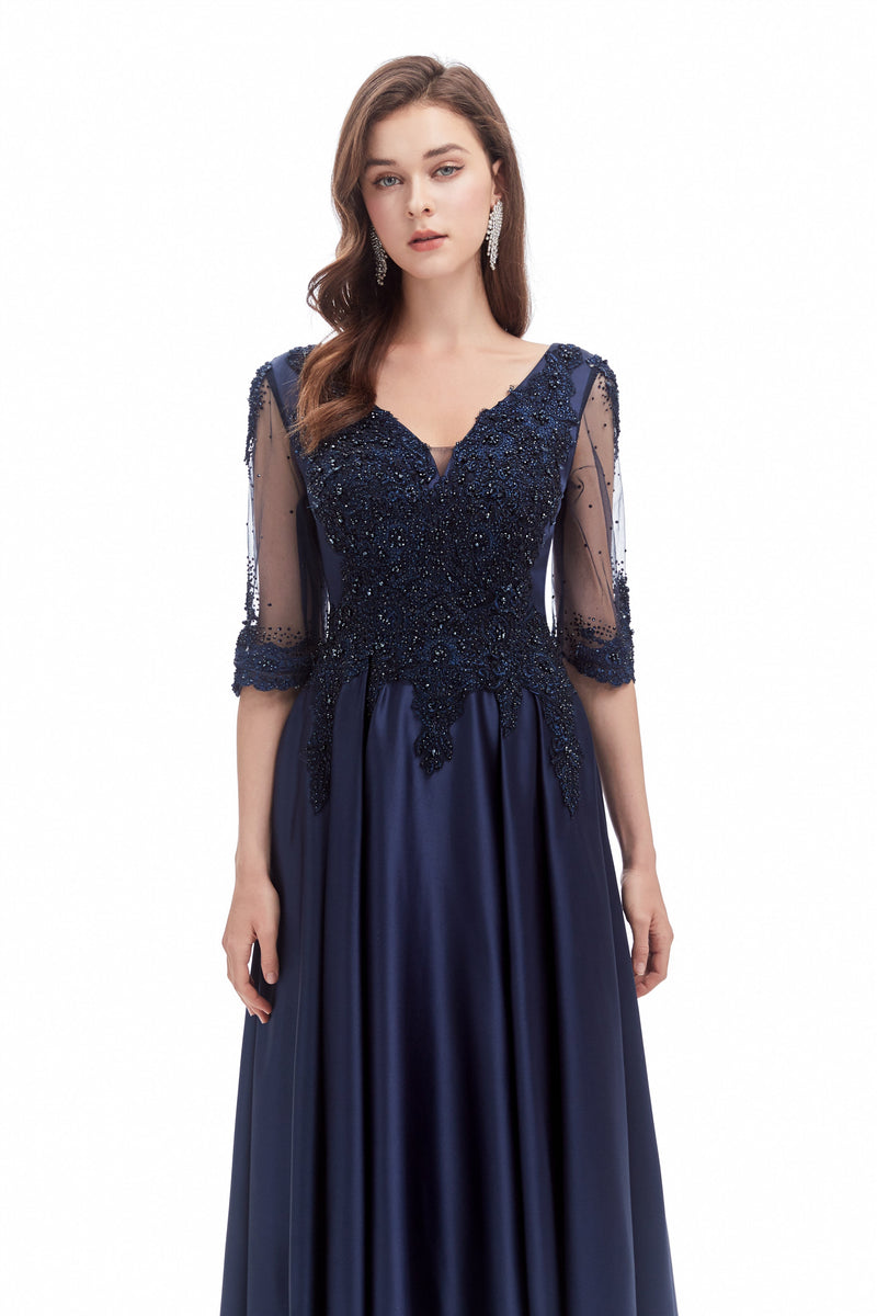 Mermaid V-neck Sequined Beaded Floor-length Half Sleeves Appliques Lace Prom Dress-Ballbella
