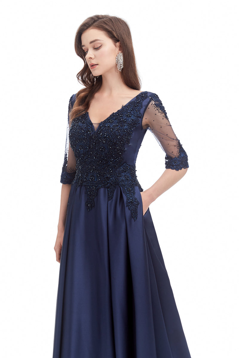 Mermaid V-neck Sequined Beaded Floor-length Half Sleeves Appliques Lace Prom Dress-Ballbella