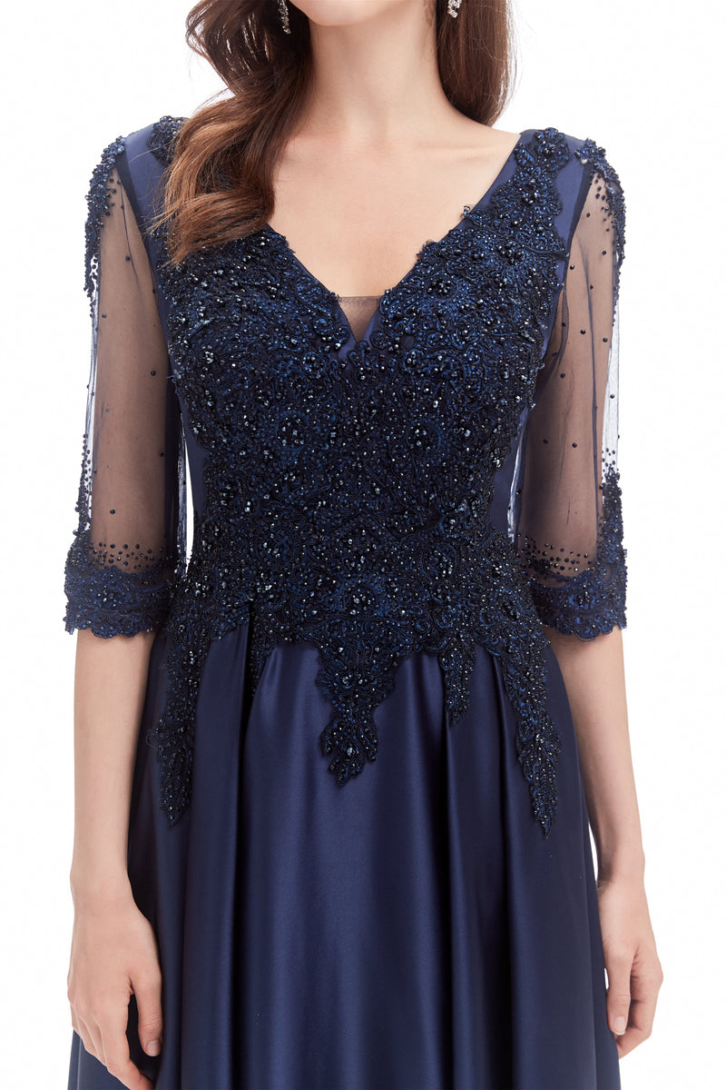 Mermaid V-neck Sequined Beaded Floor-length Half Sleeves Appliques Lace Prom Dress-Ballbella