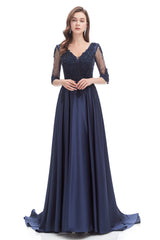 Mermaid V-neck Sequined Beaded Floor-length Half Sleeves Appliques Lace Prom Dress-Ballbella