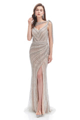Mermaid V-neck Sequined Beading With Shawl High Split Floor-length Sleeveless Prom Dress-Ballbella
