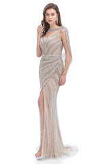 Mermaid V-neck Sequined Beading With Shawl High Split Floor-length Sleeveless Prom Dress-Ballbella