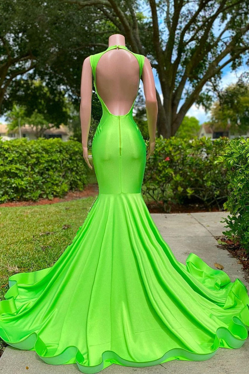 Mermaid V-neck Sequined Open Back Floor-length Sleeveless Lace Beading Prom Dress-Ballbella
