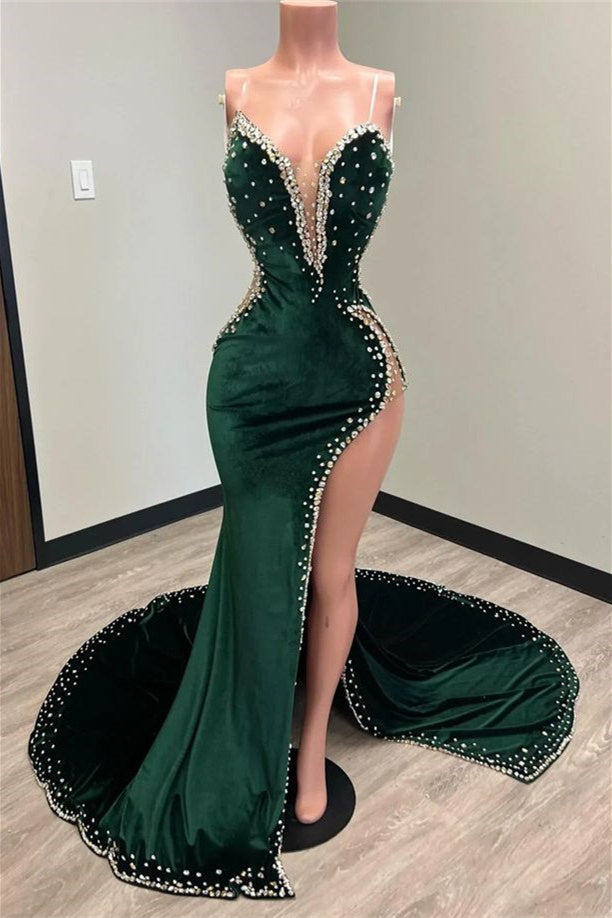 Mermaid V-neck Spaghetti strap Beaded High Split Floor-length Sleeveless Prom Dress-Ballbella