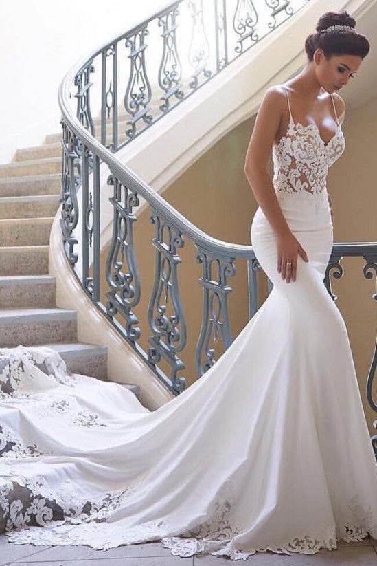 Mermaid V-neck Spaghetti Strap Chapel Chiffon Crochet Flower Wedding Dress-Ballbella