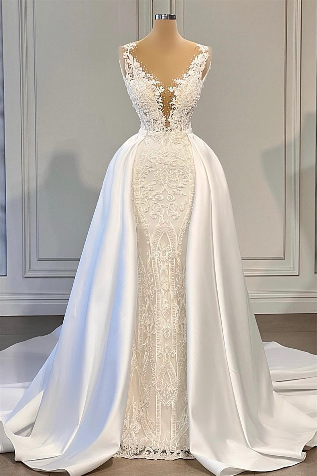 Spaghetti Strap Mermaid V-Neck Floor-Length Formal Dresses with Scarf