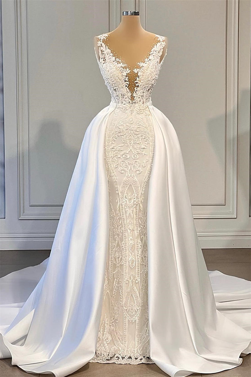 Mermaid V-neck Spaghetti strap Lace Floor-length Sleeveless Applique Beaded With Side Train Wedding Dress-Ballbella