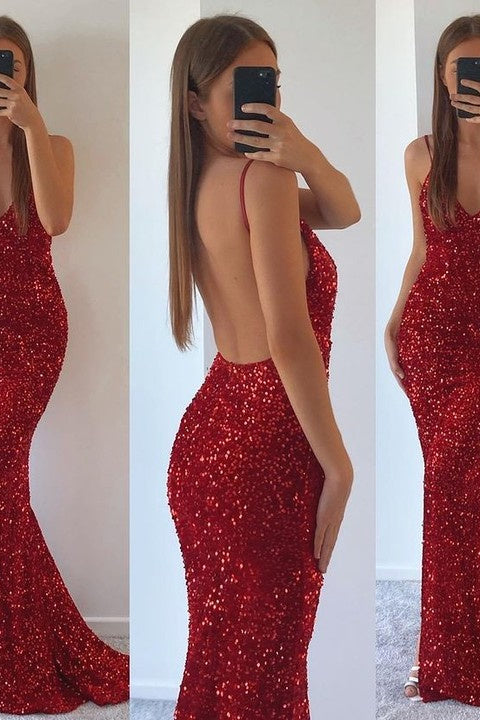 Mermaid V-neck Spaghetti Strap Sequined Floor-length Sleeveless Prom Dress-Ballbella
