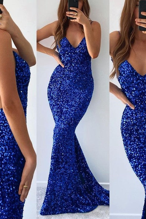 Mermaid V-neck Spaghetti Strap Sequined Floor-length Sleeveless Prom Dress-Ballbella