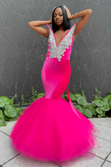 Mermaid V-Neck Staps Floor Length Sleeveless Backless Applique Ruffled Tulle Bowknot Prom Dress-Ballbella
