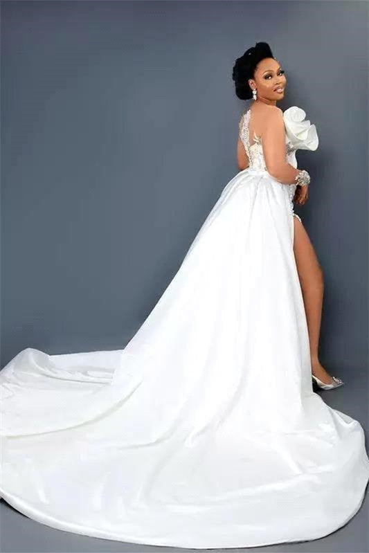 Mermaid V-neck Strapless High Split Applique Floor-length Long Sleeve Flower Wedding Dress-Ballbella