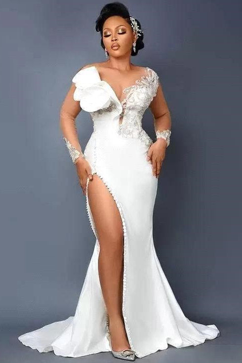 Mermaid V-neck Strapless High Split Applique Floor-length Long Sleeve Flower Wedding Dress-Ballbella