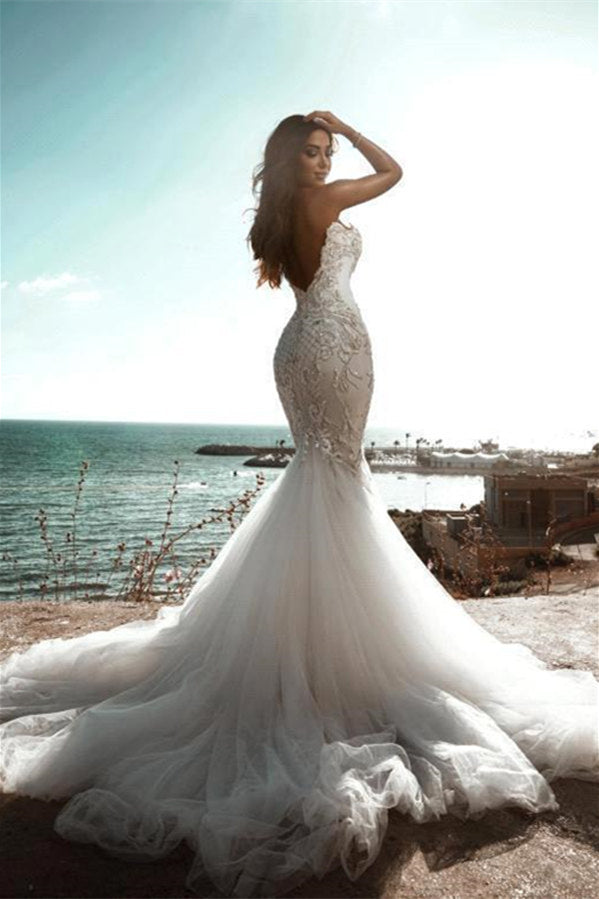 Mermaid V-neck Floor Length Long Sleeves Tulle Applique Wedding Dress main image 0