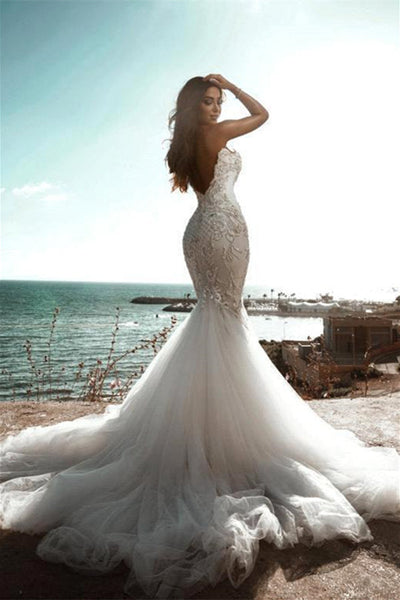 mermaid drop waist wedding dress Mermaid V-neck Strapless Sequined Lace Applique Floor-length Sleeveless Open Back Wedding Dress