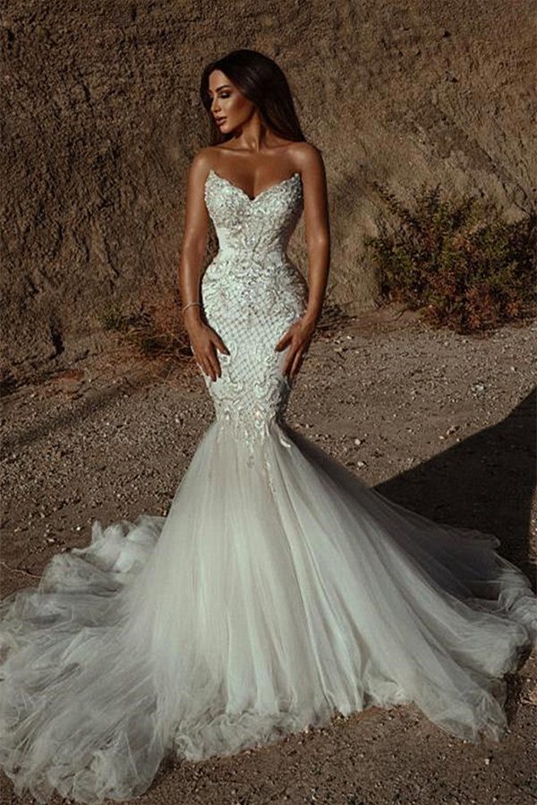 Mermaid V-neck Strapless Sequined Lace Applique Floor-length Sleeveless Open Back Wedding Dress-Ballbella