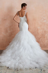 Mermaid Wedding Dress Beaded Chic V-Neck Sleeveless Bridal Gowns With Train-Ballbella
