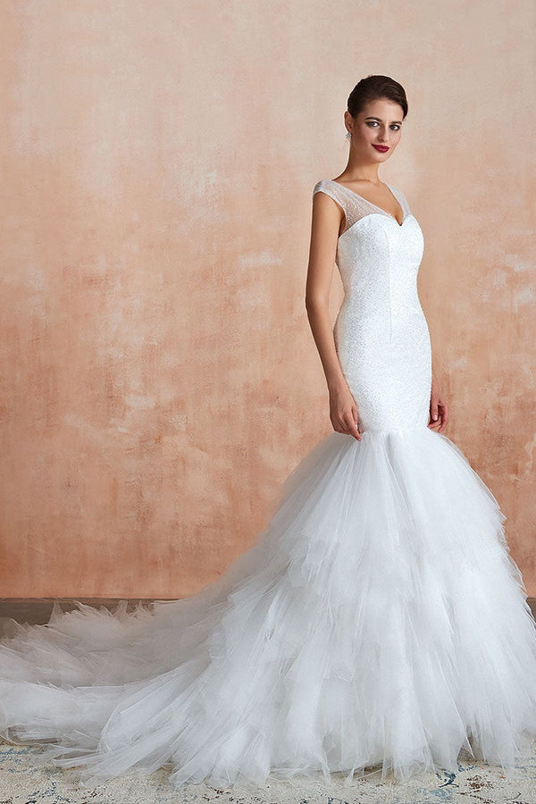 Mermaid Wedding Dress Beaded Chic V-Neck Sleeveless Bridal Gowns With Train-Ballbella