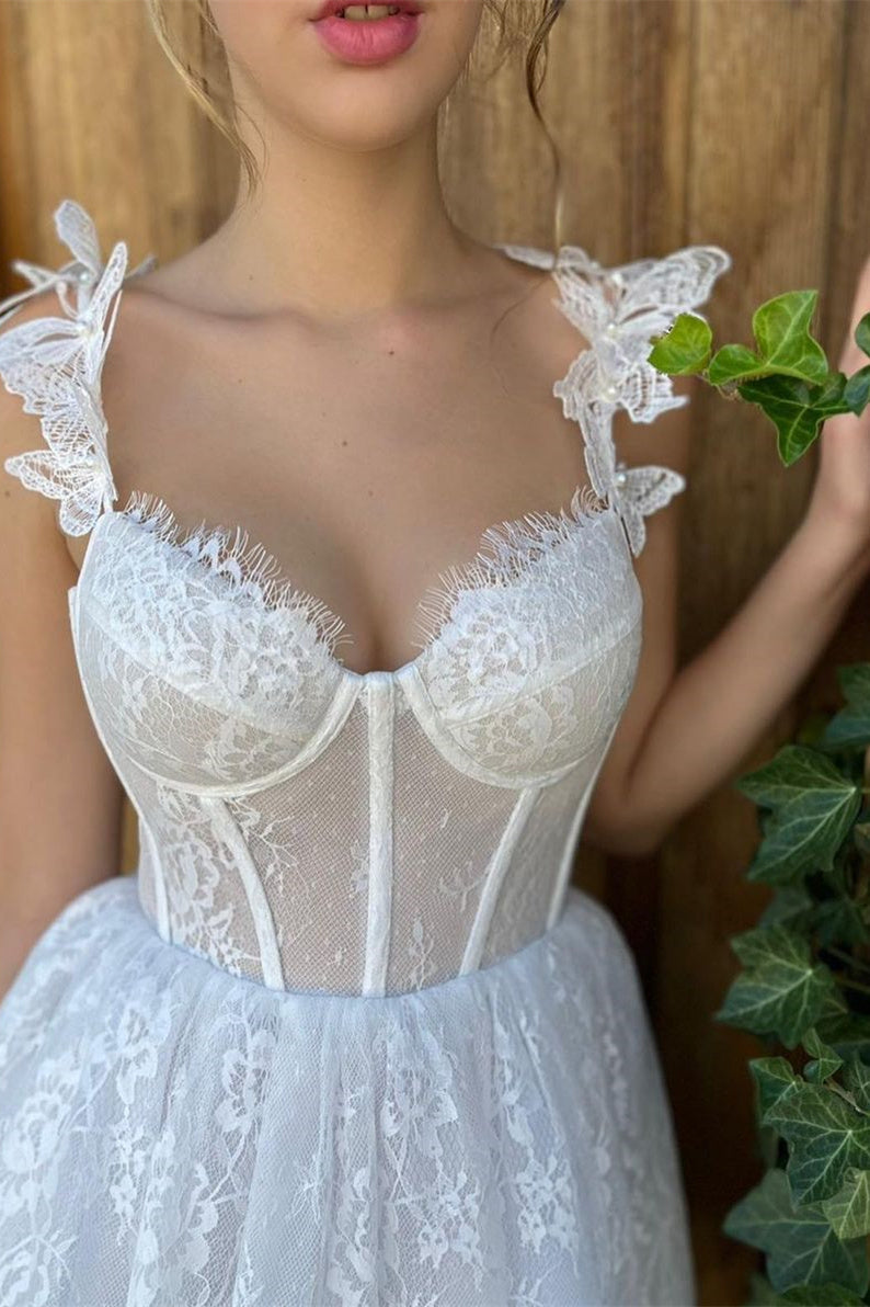 Mini A-line Spaghetti strap Sweetheart Sleeveless Lace Puffy Flowers Wedding Dress-Ballbella