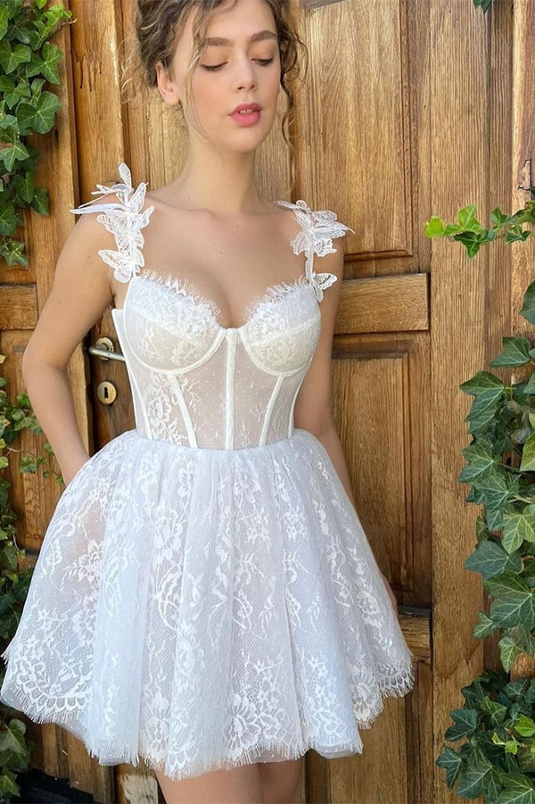 Mini A-line Spaghetti strap Sweetheart Sleeveless Lace Puffy Flowers Wedding Dress-Ballbella