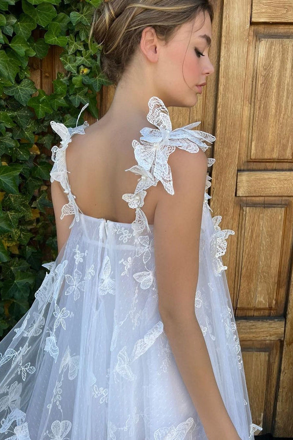 Mini Empire Spaghetti strap Sweetheart Sleeveless Lace Puffy Flowers Wedding Dress-Ballbella