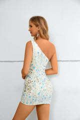 Mini Mermaid One Shoulder Sleeveless Sequined Lace Prom Dresses-Ballbella