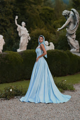 Minimalist Sky Blue Strapless Sleeveless Satin Prom Dresses A-Line Long With Pleats-Ballbella