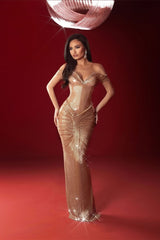 Minimalist V-Neck Off-The-Shoulder Mermaid Prom Dresses Sheath Gem With Pleats-Ballbella