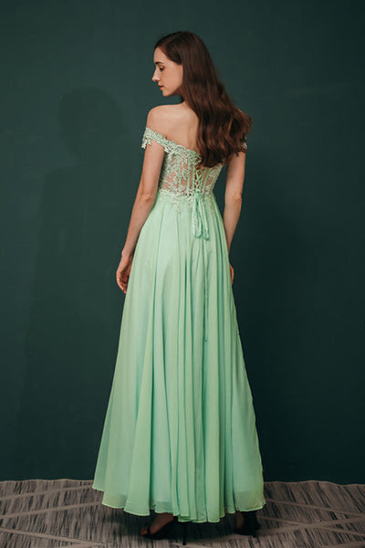 Mint Green Chiffon See-through Off-the-shoulder Lace Evening Dress, Green / US2 Mint Green Chiffon See-through Off-the-shoulder Lace Evening Dress, Green / US2